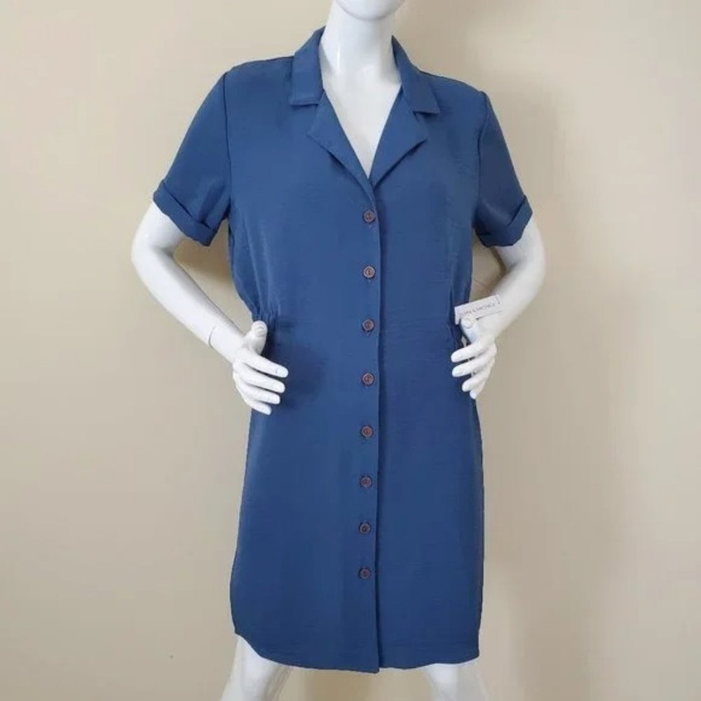 Blue Button-Front Shirt Dress - Classic Short Sleeve